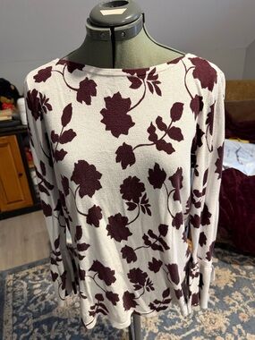 LOFT Cream Sweater with Burgundy Floral Print
